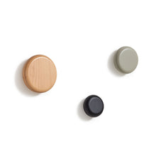 Load image into Gallery viewer, Nadue set of 3 solid beech wood wall hooks with natural, grey, and black finishes