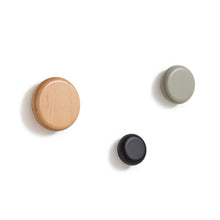 Load image into Gallery viewer, Nadue set of 3 solid beech wood wall hooks with natural, grey, and black finishes - image 2