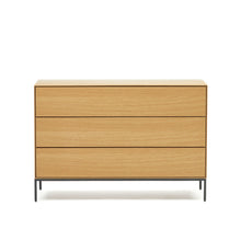 Load image into Gallery viewer, Vedrana 3 drawer chest of drawers in oak veneer with black steel legs, 110 x 75 cm