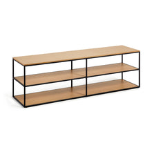 Load image into Gallery viewer, Yoana TV stand with an oak wood veneer and painted black metal structure, 160 x 40 cm