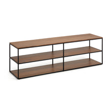 Load image into Gallery viewer, Yoana TV stand with a walnut veneer and painted black metal structure, 160 x 40 cm
