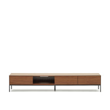 Load image into Gallery viewer, Vedrana 3 drawer TV stand in walnut veneer with black steel legs, 195 x 35 cm