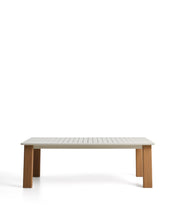 Load image into Gallery viewer, Livorno extendable table in ecru aluminium with wood-effect legs 233(350) x 100cm