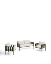 Load image into Gallery viewer, Omala set consisting of 2-seater sofa and 2 armchairs with green aluminium structure
