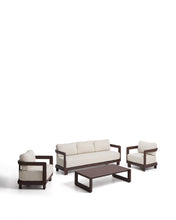 Load image into Gallery viewer, Nerano set with 3-seater sofa, 2 armchairs and coffee table in tempered glass and brown aluminium