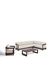 Load image into Gallery viewer, Nerano set with 5-seater corner sofa, armchair and coffee table in tempered glass and brown aluminium