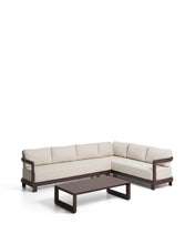 Load image into Gallery viewer, Nerano set with 5-seater corner sofa and coffee table in tempered glass and brown aluminium