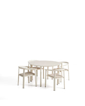 Load image into Gallery viewer, Erice set of 4 stackable chairs in aluminium and rope cord and a table in ecru aluminium and tempered glass Ø120cm