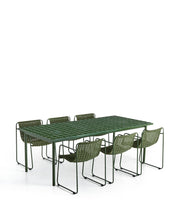 Load image into Gallery viewer, Maurina set with green galvanised steel and tiled table and 6 green galvanised steel and rope cord stackable chairs 223 x 101cm