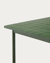 Load image into Gallery viewer, Maurina set with green galvanised steel and tiled table and 6 green galvanised steel and rope cord stackable chairs 223 x 101cm - image 3