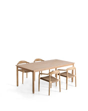 Load image into Gallery viewer, Set with Sori table in solid acacia wood and 4 Nina stackable chairs in beige solid acacia wood and rope cord 200 x 100cm FSC 100%