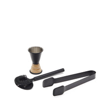 Load image into Gallery viewer, Shai set of black stainless steel and rattan cocktail utensils