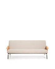 Load image into Gallery viewer, Amsen beige chenille 3-seater sofa in oak plywood with brushed stainless steel legs 205cm