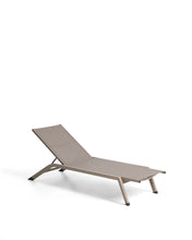 Load image into Gallery viewer, Stackable Capraia sun lounger in taupe aluminium with brown texteline - image 3