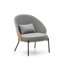 Load image into Gallery viewer, Eamy light grey armchair in an ash wood veneer with a natural finish and black metal
