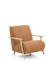 Load image into Gallery viewer, Meghan armchair in brown leather and solid ash wood with natural-coloured finish FSC Mix Credit