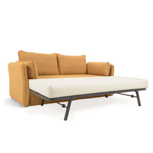 Load image into Gallery viewer, Tanit sofa bed in mustard with natural finish solid beech wood legs, 210 cm FSC Mix Credit - image 3