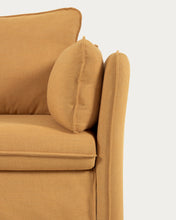Load image into Gallery viewer, Tanit sofa bed in mustard with natural finish solid beech wood legs, 210 cm FSC Mix Credit - image 14