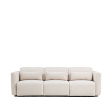Load image into Gallery viewer, Lares 3-seater sofa with motorised sliding seats and reclining headrest in beige chenille 255cm