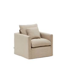 Load image into Gallery viewer, Nora armchair with removable cover with linen and cotton cushion in taupe 92cm