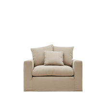 Load image into Gallery viewer, Nora armchair with removable cover with linen and cotton cushion in taupe 140cm