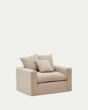 Load image into Gallery viewer, Nora armchair with removable cover with linen and cotton cushion in taupe 140cm - image 4