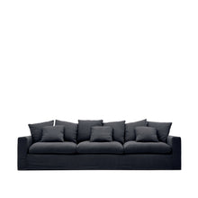 Load image into Gallery viewer, Nora 4-seater sofa with removable cover with linen and cotton cushions in anthracite grey 340cm