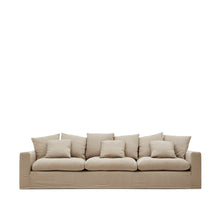 Load image into Gallery viewer, Nora 4-seater sofa with removable cover with linen and cotton cushions in taupe 340cm