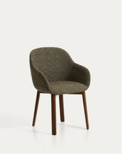 Load image into Gallery viewer, Meila chair with armrests in green chenille with legs in walnut finish.