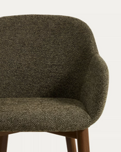 Load image into Gallery viewer, Meila chair with armrests in green chenille with legs in walnut finish.