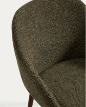 Load image into Gallery viewer, Meila chair with armrests in green chenille with legs in walnut finish.