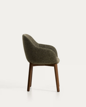 Load image into Gallery viewer, Meila chair with armrests in green chenille with legs in walnut finish.