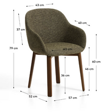 Load image into Gallery viewer, Meila chair with armrests in green chenille with legs in walnut finish.
