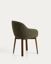 Load image into Gallery viewer, Meila chair with armrests in green chenille with legs in walnut finish.