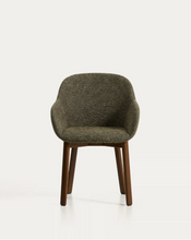 Load image into Gallery viewer, Meila chair with armrests in green chenille with legs in walnut finish.