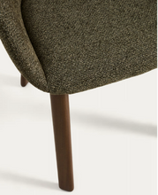 Load image into Gallery viewer, Meila chair with armrests in green chenille with legs in walnut finish.