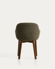 Load image into Gallery viewer, Meila chair with armrests in green chenille with legs in walnut finish.
