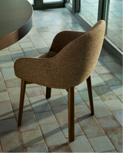 Load image into Gallery viewer, Meila chair with armrests in terracotta chenille with legs in walnut finish