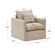 Load image into Gallery viewer, Nora armchair with removable cover with linen and cotton cushion in taupe 92cm