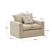 Load image into Gallery viewer, Nora armchair with removable cover with linen and cotton cushion in taupe 140cm