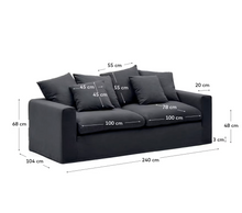 Load image into Gallery viewer, Nora 3-seater sofa with removable cover with linen and cotton cushions in anthracite grey 240cm