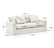 Load image into Gallery viewer, Nora 3-seater sofa with removable cover with linen and cotton cushions in ecru 240cm
