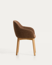Load image into Gallery viewer, Meila chair with armrests in terracotta chenille with legs in natural finish