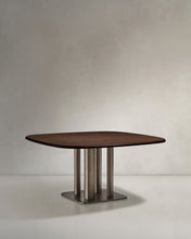 Load image into Gallery viewer, Melvar table made from walnut veneer and legs with brushed stainless steel base 121 x 121cm - image 2