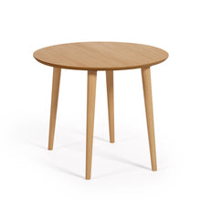 Load image into Gallery viewer, Oqui extendable round table in MDF oak veneer and solid wood legs, 90 (170) x 90 cm - image 2