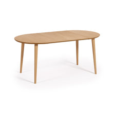 Load image into Gallery viewer, Oqui extendable round table in MDF oak veneer and solid wood legs, 90 (170) x 90 cm - image 4