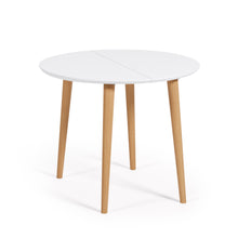Load image into Gallery viewer, Oqui extendable round table in MDF with white lacquer and solid beech wood legs, 90 (170) x 90 cm