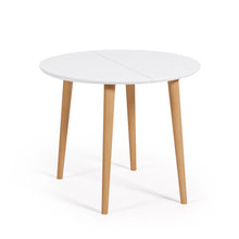 Load image into Gallery viewer, Oqui extendable round table in MDF with white lacquer and solid beech wood legs, 90 (170) x 90 cm - image 2