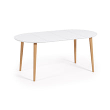 Load image into Gallery viewer, Oqui extendable round table in MDF with white lacquer and solid beech wood legs, 90 (170) x 90 cm - image 4