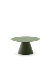 Load image into Gallery viewer, Wilshire coffee table with frosted tempered glass and matt green painted steel finish Ø80cm